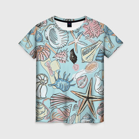 Женская футболка 3D с принтом Морские обитатели в Тюмени, 100% полиэфир ( синтетическое хлопкоподобное полотно) | прямой крой, круглый вырез горловины, длина до линии бедер | звезды | морские животные | морские обитатели | очки | пляжный отдых | ракушки | расческа | улитки