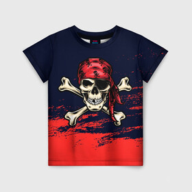 Детская футболка 3D с принтом Череп пират в Тюмени, 100% гипоаллергенный полиэфир | прямой крой, круглый вырез горловины, длина до линии бедер, чуть спущенное плечо, ткань немного тянется | Тематика изображения на принте: арт | бандана | кости | море | пират | скелет | череп