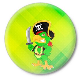 Значок с принтом Попугай пират в Тюмени,  металл | круглая форма, металлическая застежка в виде булавки | капитан | пират | попугай | птица