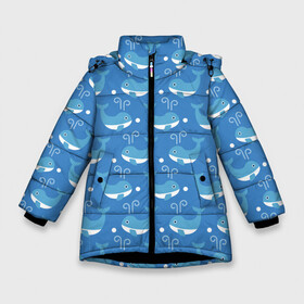Зимняя куртка для девочек 3D с принтом Киты паттерн в Тюмени, ткань верха — 100% полиэстер; подклад — 100% полиэстер, утеплитель — 100% полиэстер. | длина ниже бедра, удлиненная спинка, воротник стойка и отстегивающийся капюшон. Есть боковые карманы с листочкой на кнопках, утяжки по низу изделия и внутренний карман на молнии. 

Предусмотрены светоотражающий принт на спинке, радужный светоотражающий элемент на пуллере молнии и на резинке для утяжки. | whale | бесшовный | кит | киты | море | океан | паттерн