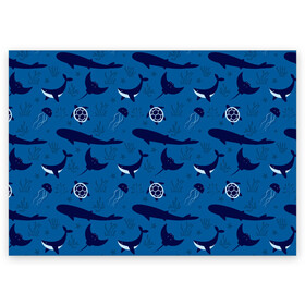 Поздравительная открытка с принтом Подводный мир в Тюмени, 100% бумага | плотность бумаги 280 г/м2, матовая, на обратной стороне линовка и место для марки
 | Тематика изображения на принте: whale | акулы | кит | киты | медуза | медузы | море | морские | океан | паттерн | подводный | скаты | черепаха | черепахами