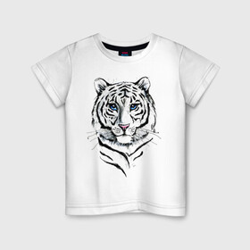 Детская футболка хлопок с принтом Белый тигр в Тюмени, 100% хлопок | круглый вырез горловины, полуприлегающий силуэт, длина до линии бедер | Тематика изображения на принте: альфа | белый | дикие | дикий | животные | звери | зверь | кот | котик | крутой | полоски | принт | природа | самец | тигр | тигриныйкрасивый