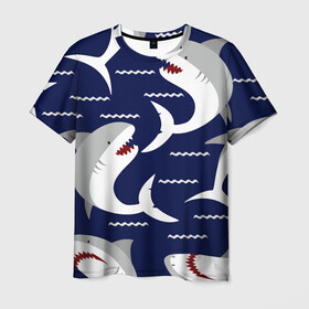 Мужская футболка 3D с принтом Акулы в Тюмени, 100% полиэфир | прямой крой, круглый вырез горловины, длина до линии бедер | shark | акула | акуленок | акулы | жители | клыки | море | морские | океан | рыба | черные