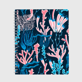 Тетрадь с принтом Подводный мир в Тюмени, 100% бумага | 48 листов, плотность листов — 60 г/м2, плотность картонной обложки — 250 г/м2. Листы скреплены сбоку удобной пружинной спиралью. Уголки страниц и обложки скругленные. Цвет линий — светло-серый
 | colorful | coral | deep | sea | seamless | seaweed | водоросли | глубокий | коралл | красочный | паттерн | подводный мир
