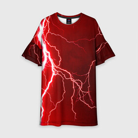 Детское платье 3D с принтом Red Lightning в Тюмени, 100% полиэстер | прямой силуэт, чуть расширенный к низу. Круглая горловина, на рукавах — воланы | Тематика изображения на принте: energy | fire | lightning | storm | thunder