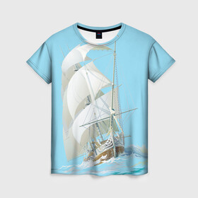 Женская футболка 3D с принтом The white wanderer в Тюмени, 100% полиэфир ( синтетическое хлопкоподобное полотно) | прямой крой, круглый вырез горловины, длина до линии бедер | ocean | sea | ship | волны | океан | парусник