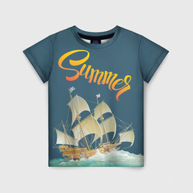 Детская футболка 3D с принтом Summer by the sea в Тюмени, 100% гипоаллергенный полиэфир | прямой крой, круглый вырез горловины, длина до линии бедер, чуть спущенное плечо, ткань немного тянется | ocean | sea | ship | summer | волны | океан | парусник