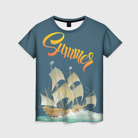 Женская футболка 3D с принтом Summer by the sea в Тюмени, 100% полиэфир ( синтетическое хлопкоподобное полотно) | прямой крой, круглый вырез горловины, длина до линии бедер | ocean | sea | ship | summer | волны | океан | парусник