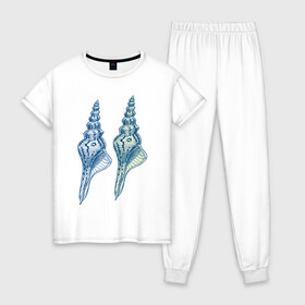Женская пижама хлопок с принтом Sea House II в Тюмени, 100% хлопок | брюки и футболка прямого кроя, без карманов, на брюках мягкая резинка на поясе и по низу штанин | ocean | sea | shell | волны | океан | ракушки