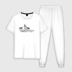Мужская пижама хлопок с принтом БУМАЖНЫЙ КОРАБЛИК | PAPER BOAT (Z) в Тюмени, 100% хлопок | брюки и футболка прямого кроя, без карманов, на брюках мягкая резинка на поясе и по низу штанин
 | origami | paper boat | ship | ships | бумага | кораблик | кораблики | кораблики на белом | корабль | мореход | одинокая лодка | оригами | самоделка | судно | яхта