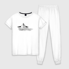 Женская пижама хлопок с принтом БУМАЖНЫЙ КОРАБЛИК | PAPER BOAT (Z) в Тюмени, 100% хлопок | брюки и футболка прямого кроя, без карманов, на брюках мягкая резинка на поясе и по низу штанин | origami | paper boat | ship | ships | бумага | кораблик | кораблики | кораблики на белом | корабль | мореход | одинокая лодка | оригами | самоделка | судно | яхта