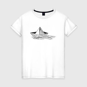 Женская футболка хлопок с принтом БУМАЖНЫЙ КОРАБЛИК | PAPER BOAT (Z) в Тюмени, 100% хлопок | прямой крой, круглый вырез горловины, длина до линии бедер, слегка спущенное плечо | origami | paper boat | ship | ships | бумага | кораблик | кораблики | кораблики на белом | корабль | мореход | одинокая лодка | оригами | самоделка | судно | яхта