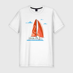 Мужская футболка хлопок Slim с принтом КРАСНЫЙ ПАРУСНИК | RED SAILBOAT (Z) в Тюмени, 92% хлопок, 8% лайкра | приталенный силуэт, круглый вырез ворота, длина до линии бедра, короткий рукав | boat | sailboat | ship | ships | кораблик | кораблики | корабль | красный парус | лодка | лодочка | лодочка на белом | мореход | одинокая лодка | парус | парусник | судно | яхта | яхты