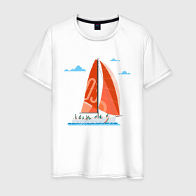 Мужская футболка хлопок с принтом КРАСНЫЙ ПАРУСНИК | RED SAILBOAT (Z) в Тюмени, 100% хлопок | прямой крой, круглый вырез горловины, длина до линии бедер, слегка спущенное плечо. | boat | sailboat | ship | ships | кораблик | кораблики | корабль | красный парус | лодка | лодочка | лодочка на белом | мореход | одинокая лодка | парус | парусник | судно | яхта | яхты