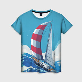 Женская футболка 3D с принтом ПАРУСНИК В МОРЕ | ЛЮБЛЮ МОРЕ (Z) в Тюмени, 100% полиэфир ( синтетическое хлопкоподобное полотно) | прямой крой, круглый вырез горловины, длина до линии бедер | boat | sailboat | ship | ships | в море | кораблик | кораблики | корабль | красный парус | лодка | лодочка на синем | люблю море | море | мореход | одинокая лодка | океан | оригами | парус | парусник | судно | яхта