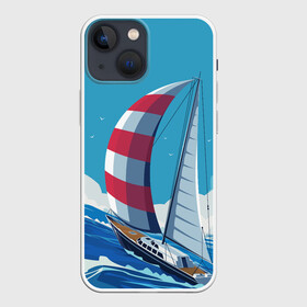 Чехол для iPhone 13 mini с принтом ПАРУСНИК В МОРЕ | ЛЮБЛЮ МОРЕ (Z) в Тюмени,  |  | boat | sailboat | ship | ships | в море | кораблик | кораблики | корабль | красный парус | лодка | лодочка на синем | люблю море | море | мореход | одинокая лодка | океан | оригами | парус | парусник | судно | яхта