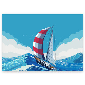 Поздравительная открытка с принтом ПАРУСНИК В МОРЕ | ЛЮБЛЮ МОРЕ (Z) в Тюмени, 100% бумага | плотность бумаги 280 г/м2, матовая, на обратной стороне линовка и место для марки
 | boat | sailboat | ship | ships | в море | кораблик | кораблики | корабль | красный парус | лодка | лодочка на синем | люблю море | море | мореход | одинокая лодка | океан | оригами | парус | парусник | судно | яхта