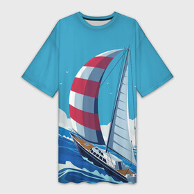 Платье-футболка 3D с принтом ПАРУСНИК В МОРЕ | SAILBOAT (Z) в Тюмени,  |  | boat | sailboat | ship | ships | в море | кораблик | кораблики | корабль | красный парус | лодка | лодочка на синем | люблю море | море | мореход | одинокая лодка | океан | оригами | парус | парусник | судно | яхта