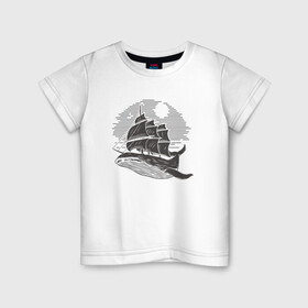 Детская футболка хлопок с принтом КИТ ФРЕГАТ WHALE FRIGATE (Z) в Тюмени, 100% хлопок | круглый вырез горловины, полуприлегающий силуэт, длина до линии бедер | boat | frigate | mastodon | rorqual | sailboat | ship | ships | whale | бумага | кит | китовый | кораблик | кораблики | корабль | левиафан | лодка | мастак | мастодонт | мореход | одинокая лодка | парусник | столп | судно | фрегат