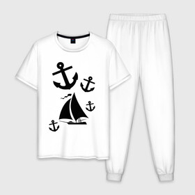 Мужская пижама хлопок с принтом Яхта в Тюмени, 100% хлопок | брюки и футболка прямого кроя, без карманов, на брюках мягкая резинка на поясе и по низу штанин
 | Тематика изображения на принте: корабль | паруса | парусник | судно | якорь | яхта