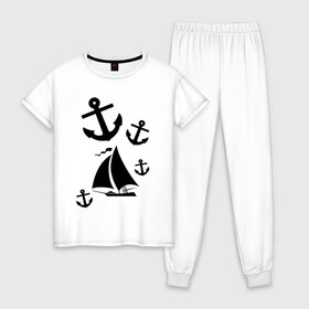 Женская пижама хлопок с принтом Яхта в Тюмени, 100% хлопок | брюки и футболка прямого кроя, без карманов, на брюках мягкая резинка на поясе и по низу штанин | корабль | паруса | парусник | судно | якорь | яхта