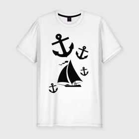 Мужская футболка хлопок Slim с принтом Яхта в Тюмени, 92% хлопок, 8% лайкра | приталенный силуэт, круглый вырез ворота, длина до линии бедра, короткий рукав | корабль | паруса | парусник | судно | якорь | яхта