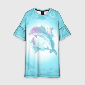 Детское платье 3D с принтом Два дельфина в Тюмени, 100% полиэстер | прямой силуэт, чуть расширенный к низу. Круглая горловина, на рукавах — воланы | Тематика изображения на принте: cute | dolphin | два дельфина | дельфин | дельфин в море | дельфинами | милый | мир | подводный
