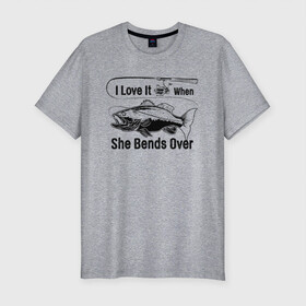 Мужская футболка хлопок Slim с принтом I love it в Тюмени, 92% хлопок, 8% лайкра | приталенный силуэт, круглый вырез ворота, длина до линии бедра, короткий рукав | арт | лозунг | надпись | озеро | поклёвка | рыба | рыбак | рыбалка | удочка