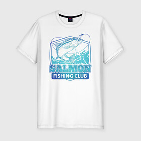 Мужская футболка хлопок Slim с принтом Salmon в Тюмени, 92% хлопок, 8% лайкра | приталенный силуэт, круглый вырез ворота, длина до линии бедра, короткий рукав | арт | лозунг | надпись | озеро | поклёвка | рыба | рыбак | рыбалка | удочка