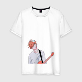 Мужская футболка хлопок с принтом Мафую Сато улыбается в Тюмени, 100% хлопок | прямой крой, круглый вырез горловины, длина до линии бедер, слегка спущенное плечо. | given | аниме | гитара | гитарист | дарованный | мафую | музыкант | певец | сато | сенен ай