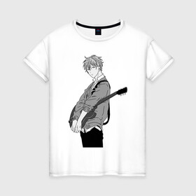 Женская футболка хлопок с принтом Сато Мафую с гитарой чб в Тюмени, 100% хлопок | прямой крой, круглый вырез горловины, длина до линии бедер, слегка спущенное плечо | given | аниме | гитара | гитарист | дарованный | мафую | музыкант | певец | сато | сенен ай