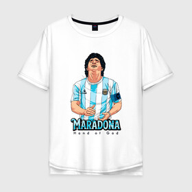 Мужская футболка хлопок Oversize с принтом Марадона - Рука Бога в Тюмени, 100% хлопок | свободный крой, круглый ворот, “спинка” длиннее передней части | argentina | maradona | messi | sport | аргентина | гол | диего | марадона | месси | мяч | рука бога | спорт | футбол | чемпион
