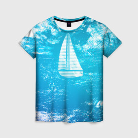Женская футболка 3D с принтом Парусная лодка в Тюмени, 100% полиэфир ( синтетическое хлопкоподобное полотно) | прямой крой, круглый вырез горловины, длина до линии бедер | sailboat | кораблик | корабль | лодка | на голубом | парус | паруса | парусная лодка | халфтон