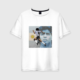 Женская футболка хлопок Oversize с принтом Maradona Goal в Тюмени, 100% хлопок | свободный крой, круглый ворот, спущенный рукав, длина до линии бедер
 | argentina | maradona | messi | sport | аргентина | гол | диего | марадона | месси | мяч | рука бога | спорт | футбол | чемпион