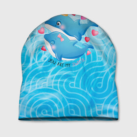 Шапка 3D с принтом Два дельфина в Тюмени, 100% полиэстер | универсальный размер, печать по всей поверхности изделия | cute | dolphin | два дельфина | дельфин | дельфин в море | дельфинами | любовь | милый | мир | подводный | сердечки