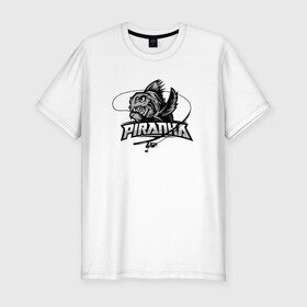 Мужская футболка хлопок Slim с принтом Пиранья в Тюмени, 92% хлопок, 8% лайкра | приталенный силуэт, круглый вырез ворота, длина до линии бедра, короткий рукав | black and white | black fish | fish | piranha | море | океан | пиранья | рыбка | с надписями | удочка | черная рыба