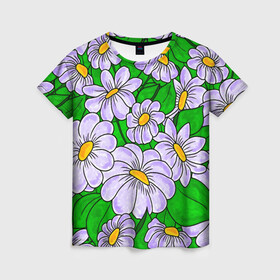 Женская футболка 3D с принтом Цветы Лавандовые ромашки в Тюмени, 100% полиэфир ( синтетическое хлопкоподобное полотно) | прямой крой, круглый вырез горловины, длина до линии бедер | chamomile | flowers | summer | акварельные | бабочки | бутоны | весна | ветки | дача | девушкам | красочные | лепестки | лес | летний | лето | листья | отпуск | поляна | природа | растения | ромашки | сад | солнце