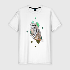 Мужская футболка хлопок Slim с принтом Owl rhombus в Тюмени, 92% хлопок, 8% лайкра | приталенный силуэт, круглый вырез ворота, длина до линии бедра, короткий рукав | геометрия | графика | природа | птицы | реализм | рисунок | ромб | ручная рисовка | сова