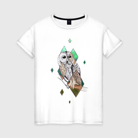 Женская футболка хлопок с принтом Owl rhombus в Тюмени, 100% хлопок | прямой крой, круглый вырез горловины, длина до линии бедер, слегка спущенное плечо | геометрия | графика | природа | птицы | реализм | рисунок | ромб | ручная рисовка | сова
