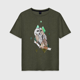 Женская футболка хлопок Oversize с принтом Owl rhombus в Тюмени, 100% хлопок | свободный крой, круглый ворот, спущенный рукав, длина до линии бедер
 | геометрия | графика | природа | птицы | реализм | рисунок | ромб | ручная рисовка | сова