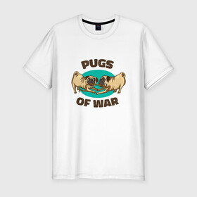 Мужская футболка хлопок Slim с принтом Pugs of War - Мопсы войны в Тюмени, 92% хлопок, 8% лайкра | приталенный силуэт, круглый вырез ворота, длина до линии бедра, короткий рукав | art | cute pugs | english | funny art | game | god of war | parody | pug | английская надпись | год оф вар | игра | иллюстрация | канат | милые мопсы | мопс | мопсики | пародия | перетягивание каната | прикол | пуг | пугель | рисунок
