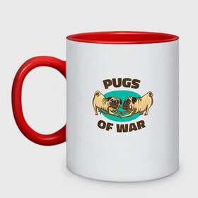 Кружка двухцветная с принтом Pugs of War - Мопсы войны в Тюмени, керамика | объем — 330 мл, диаметр — 80 мм. Цветная ручка и кайма сверху, в некоторых цветах — вся внутренняя часть | art | cute pugs | english | funny art | game | god of war | parody | pug | английская надпись | год оф вар | игра | иллюстрация | канат | милые мопсы | мопс | мопсики | пародия | перетягивание каната | прикол | пуг | пугель | рисунок