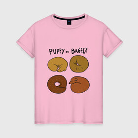 Женская футболка хлопок с принтом Puppy or Bagel Щенок или Бейгл в Тюмени, 100% хлопок | прямой крой, круглый вырез горловины, длина до линии бедер, слегка спущенное плечо | art | beagle | cute puppy | english | food | funny art | английская надпись | багел | бигль | бублик | выпечка | год оф вар | еда | иллюстрация | пёсики | прикол | рисунок | рогалик | собака | собачки | щенки | щенки клубочком