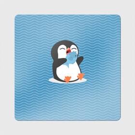 Магнит виниловый Квадрат с принтом Пингвин в Тюмени, полимерный материал с магнитным слоем | размер 9*9 см, закругленные углы | ест рыбу | морские | океан | пингвин | пингвинчик | рыба | рыбку