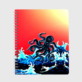 Тетрадь с принтом Кракен в Море | Градиент в Тюмени, 100% бумага | 48 листов, плотность листов — 60 г/м2, плотность картонной обложки — 250 г/м2. Листы скреплены сбоку удобной пружинной спиралью. Уголки страниц и обложки скругленные. Цвет линий — светло-серый
 | animal | beast | fade | kraken | monster | moon | ocean | octopus | sea | water | waves | вода | волны | градиент | животные | звери | кракен | луна | монстр | море | океан | осьминог | рыбы | щупальца