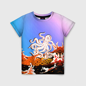 Детская футболка 3D с принтом Осьминог в Лаве | Градиент в Тюмени, 100% гипоаллергенный полиэфир | прямой крой, круглый вырез горловины, длина до линии бедер, чуть спущенное плечо, ткань немного тянется | animal | beast | fade | kraken | monster | moon | ocean | octopus | sea | water | waves | вода | волны | градиент | животные | звери | кракен | лава | луна | монстр | море | небо | огонь | океан | осьминог | рыбы | щупальца
