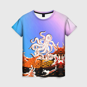 Женская футболка 3D с принтом Осьминог в Лаве | Градиент в Тюмени, 100% полиэфир ( синтетическое хлопкоподобное полотно) | прямой крой, круглый вырез горловины, длина до линии бедер | animal | beast | fade | kraken | monster | moon | ocean | octopus | sea | water | waves | вода | волны | градиент | животные | звери | кракен | лава | луна | монстр | море | небо | огонь | океан | осьминог | рыбы | щупальца