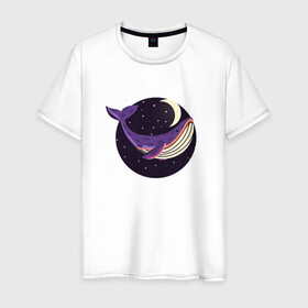 Мужская футболка хлопок с принтом Кит, звезды и луна в Тюмени, 100% хлопок | прямой крой, круглый вырез горловины, длина до линии бедер, слегка спущенное плечо. | whale | звезда | звезды | кит | киты | луна | ночь