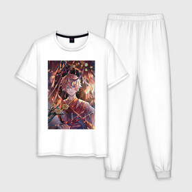 Мужская пижама хлопок с принтом Tartaglia fan art в Тюмени, 100% хлопок | брюки и футболка прямого кроя, без карманов, на брюках мягкая резинка на поясе и по низу штанин
 | art | fanart | game | genshin | impact | tartaglia | арт | тарталья | фан