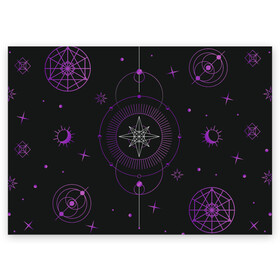 Поздравительная открытка с принтом Астрология в Тюмени, 100% бумага | плотность бумаги 280 г/м2, матовая, на обратной стороне линовка и место для марки
 | астрология | глаз | гороскоп | звезды | лавандовый | лиловый | луна | оккультный глаз | пиктограмма | пиктограммы | руны | солнце | фиолетовый | черный и золотой | эзотерика